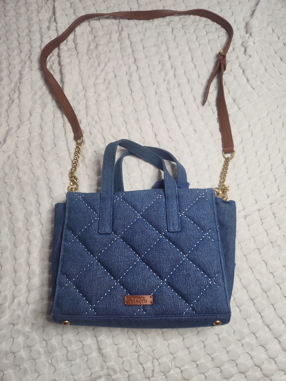 Vince Camuto Quilted Denim Crossbody Tote - Blue with Brown Strap